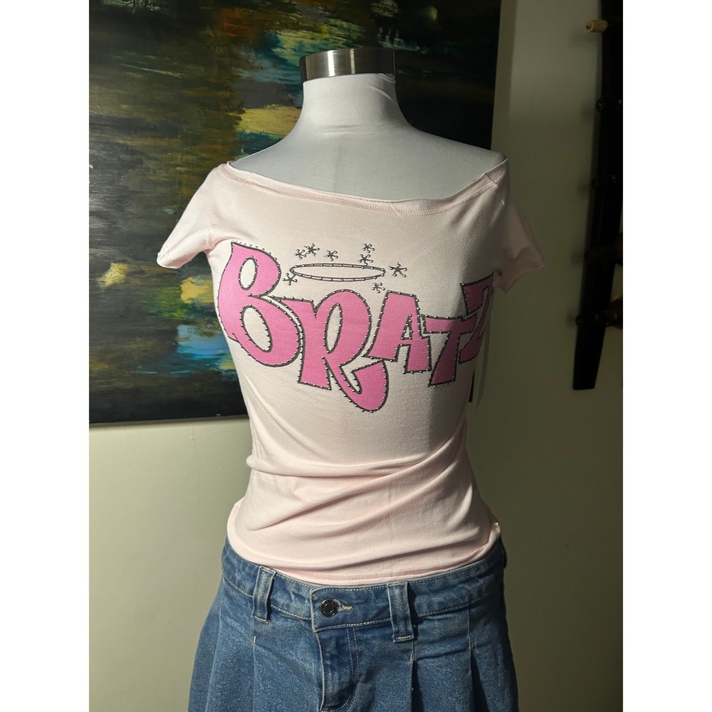 Bratz Graphic Tee Small Pink Rhinestone Logo Off Shoulder Top Small